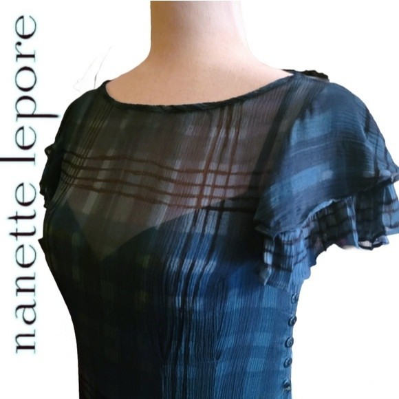 Beautiful Nanette Lapore 2-pc Silk Plaid Turqoiuse Blue Short Sleeve Dress, sz 2 - Picture 11 of 16